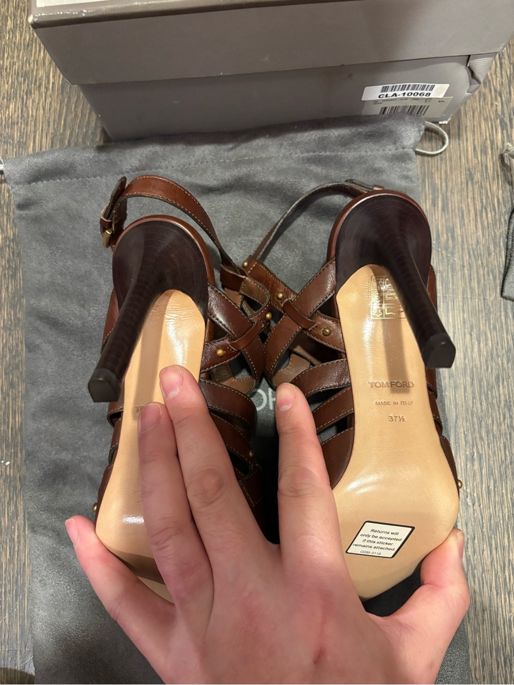 Tom Ford Brown Leather Studded Strappy Heels Italy as is floor display 37 1/2 - Picture 9 of 14